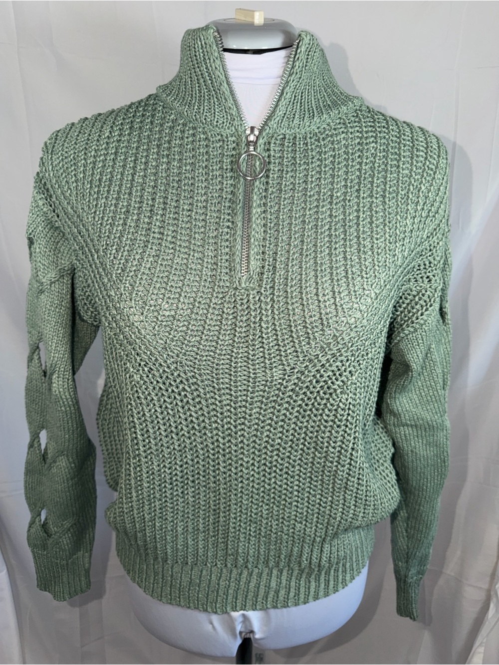 Francesca's Collections Sage Green Half-Zip Cowl Sweater
